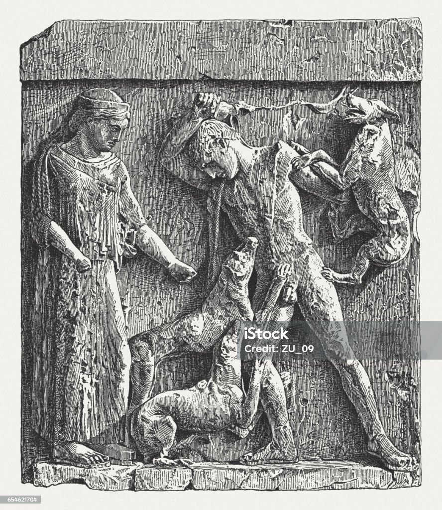 Actaeon being devoured by Artemis' dogs, Selinunte, 5th century BC Actaeon being devoured by Artemis' dogs. Wood engraving after an ancient (5th century BC) metope from the Temple (E) of Hera in Selinunte (ruined ancient Greek city) in Sicily, now in Palermo Archaeological Museum, Sicily, Italy, published in 1884. Dog stock illustration