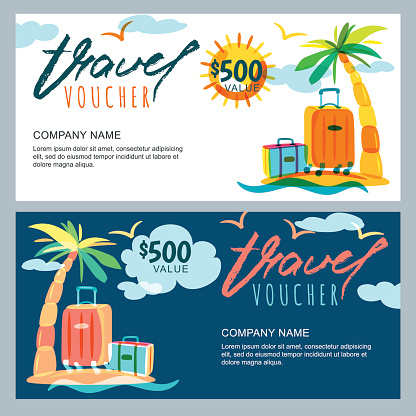 Vector gift travel voucher template. Tropical island landscape with palm tree and luggage suitcase. Concept for summer vacation and travel agency. Banner, shop coupon, certificate or flyer layout.