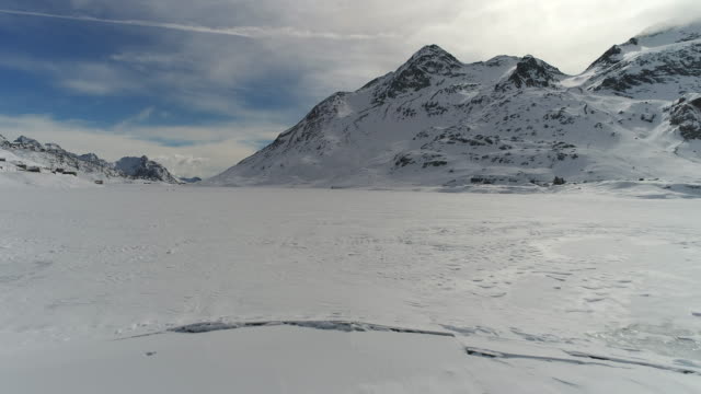 Drone flies over frozen mountain lake