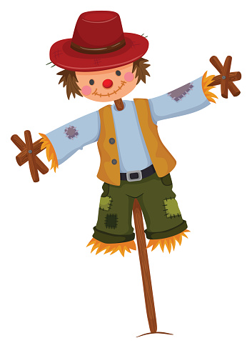 Scarecrow wearing red hat and vest illustration