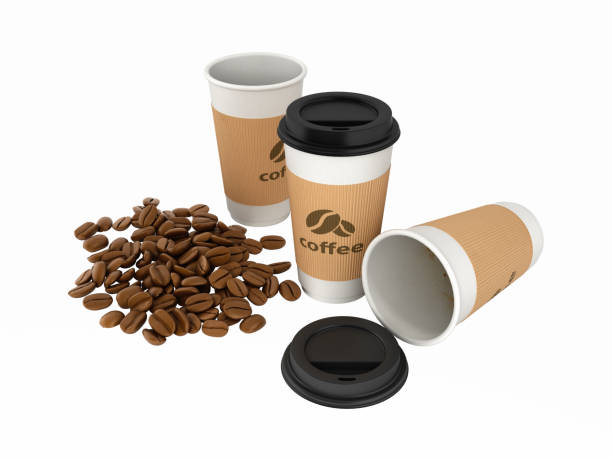 istock Paper coffee cups with coffee beans without shadows on white background 3d 654634014