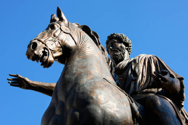 statua marco aurelio al campidoglio a roma - piazza del campidoglio statue rome animal foto e immagini stock