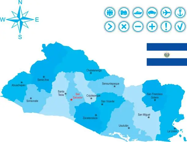 Vector illustration of Map of El Salvador with flag, icons and key