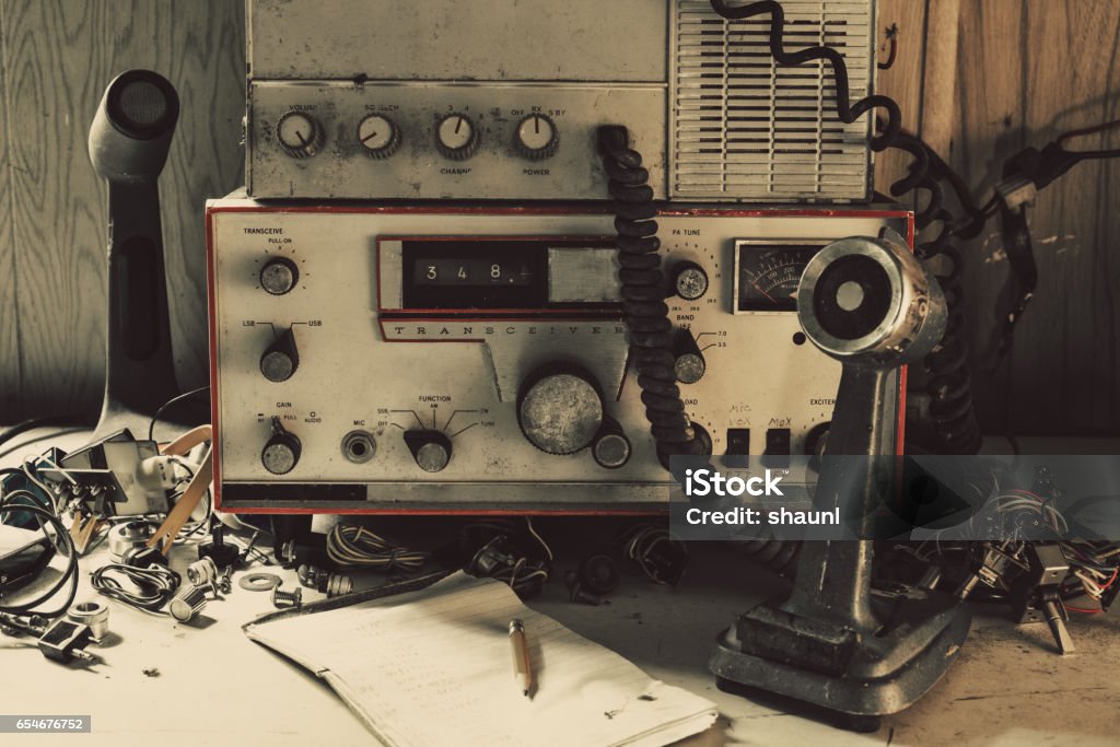 Amateur Radio Vintage amateur radio and microphone. Radio Broadcasting Stock Photo