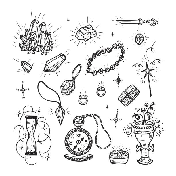 Hand Drawn Doodle Magic Vector Set. Precious Treasures collection: Gold Jewelry, Crystals, Gems, Diamonds Hand Drawn Doodle Magic Vector Set. Precious Treasures collection: Gold Jewelry, Crystals, Gems, Diamonds silverstone stock illustrations