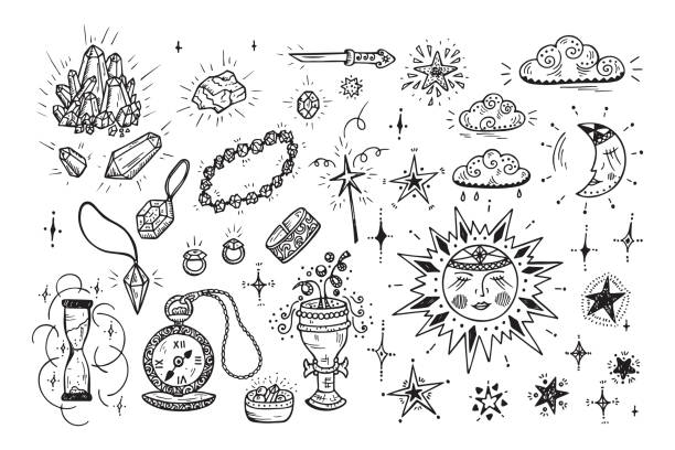 волшебный векторный набор. ручная рисовать драгоценные сокровища, солнце, луна (полумесяц), облака, звезды, золотые украшения, кристаллы, др� - 3695 stock illustrations