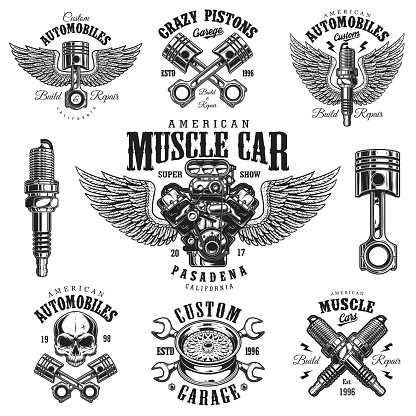 Set of vintage monochrome car repair service templates of emblems, labels, badges. Isolated on white background. Perfect for t-shirt printing.