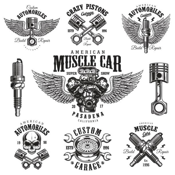 Set of vintage monochrome car repair emblems Set of vintage monochrome car repair service templates of emblems, labels, badges. Isolated on white background. Perfect for t-shirt printing. car motor stock illustrations