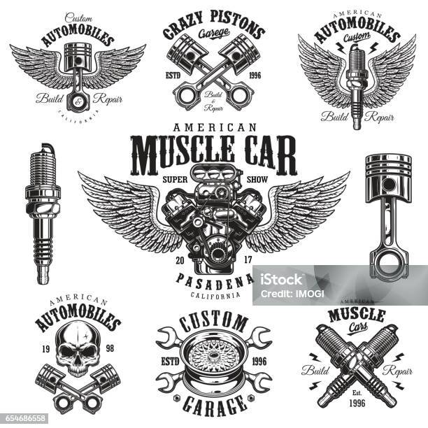 Set Of Vintage Monochrome Car Repair Emblems Stock Illustration - Download Image Now - Piston, Wrench, Car