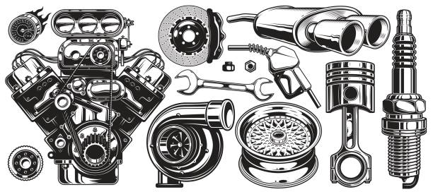 illustrations, cliparts, dessins animés et icônes de ensemble d’éléments de service de réparation voiture monochrome - piston