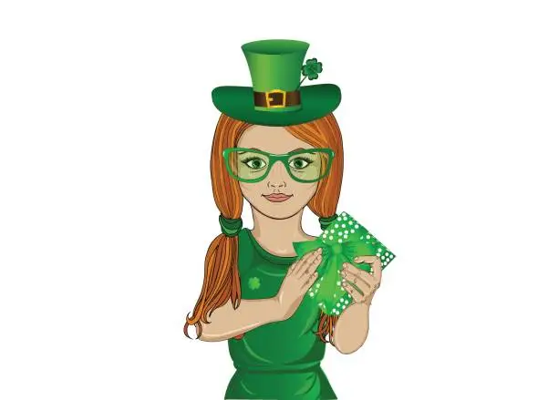 Vector illustration of Little girl in national costume for St. Patrick's Day. In her hands holds a green box with a bow. A gift for a holiday. Portrait of a child in the style of pop art. Vector illustration. Empty space for text