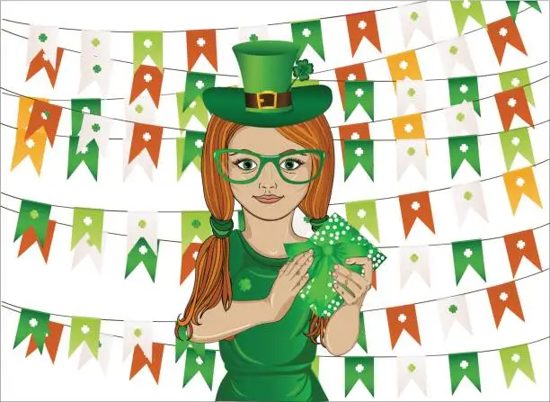 Vector illustration of Little girl in national costume for St. Patrick's Day. In her hands holds a green box with a bow. A gift for a holiday. Portrait of a child in the style of pop art. Vector illustration. Empty space for text