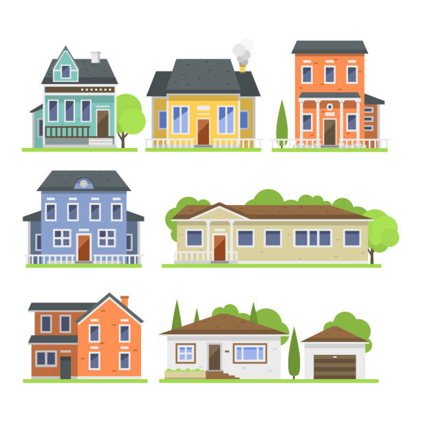 ilustraciones, imágenes clip art, dibujos animados e iconos de stock de lindo colorido estilo plano casa pueblo símbolo bienes raíces casa de campo y diseño de casas residenciales colorida construcción vector ilustración - clip art