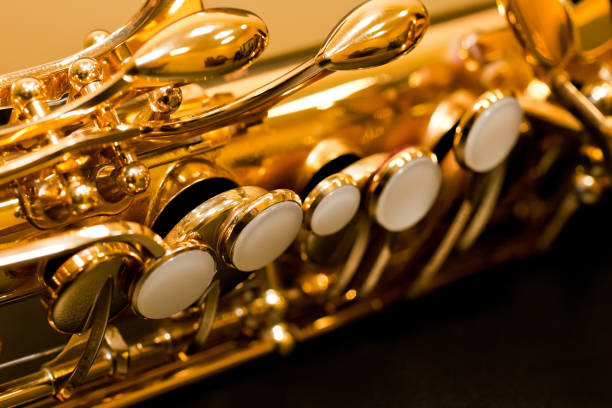 istock Fragment of a saxophone valves 654694520