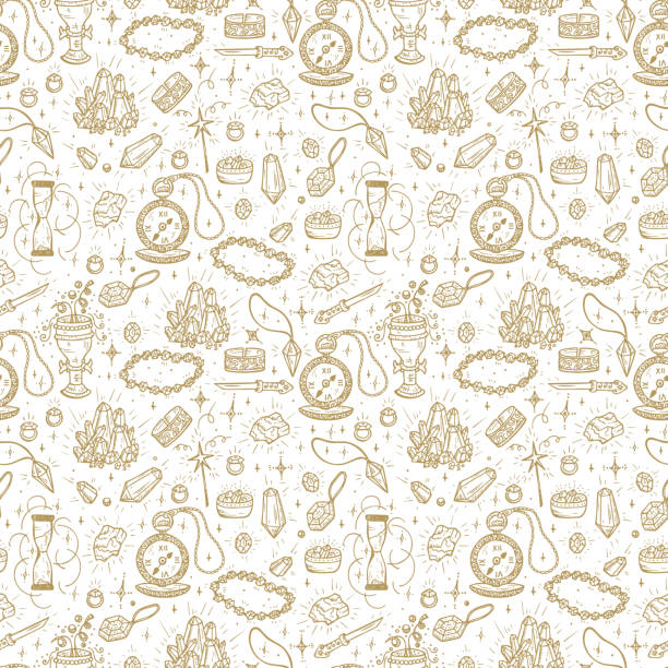 Precious Treasures Vector Seamless pattern. Hand Drawn Doodle : Gold Jewelry, Crystals, Gems, Diamonds. Magic background Precious Treasures Vector Seamless pattern. Hand Drawn Doodle : Gold Jewelry, Crystals, Gems, Diamonds. Magic background silverstone stock illustrations