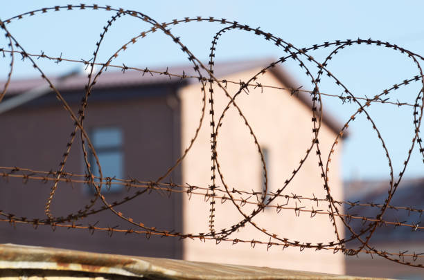 istock Barbed wire on the fence. 654703886
