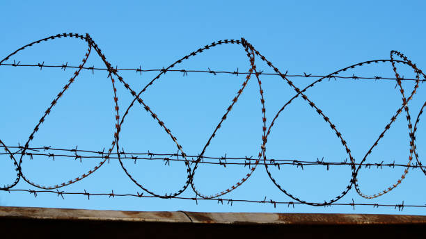 istock Barbed wire on the fence. 654703932