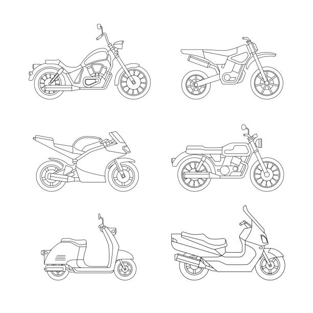 Motorcycle and scooter line icons set. Motorcycle and scooter line icons set. Vector illustrations of different type motorcycles. motorcycle drawings stock illustrations