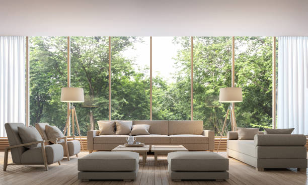 istock Modern living room with nature view 3d rendering Image 654710304