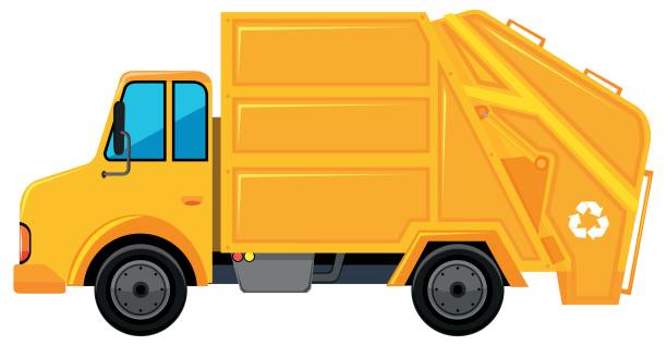 ilustraciones, imágenes clip art, dibujos animados e iconos de stock de camión de basura en color amarillo - garbage truck truck engine isolated on white