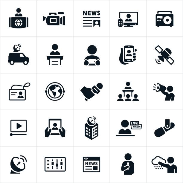 News Media Icons Icons representing news media and broadcasting. The icons include news reporters, video camera, television, news article, radio, news vehicle, interview, devices, online streaming, video, satellite, press pass, global communications, microphone, live reporting, online news, meteorology an news broadcasting to name a few. interview event symbols stock illustrations