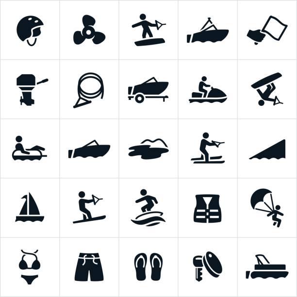 Boating Icons Icons related to boating the recreation activities associated with boating. The icons include boats, motor boats, wake boarding, water skiing, motor, ski boat, ski trailer, tubing, water, water sports, water recreation, wake surfing, parasailing, life jacket, watercraft, boat prop, equipment, helmet, pontoon boat, swim suites, sail boat and safety equipment to name a few. pontoon boat stock illustrations