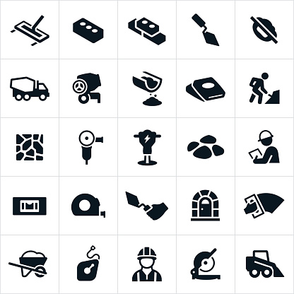 Masonry and concrete construction icons. The icons include cement, concrete, bricks, construction, cement trowel, cement truck, cement mixer, cement bag, construction workers, masons, masonry, cement tools, construction tools, jack hammer, wheel barrow and saw to name a few.
