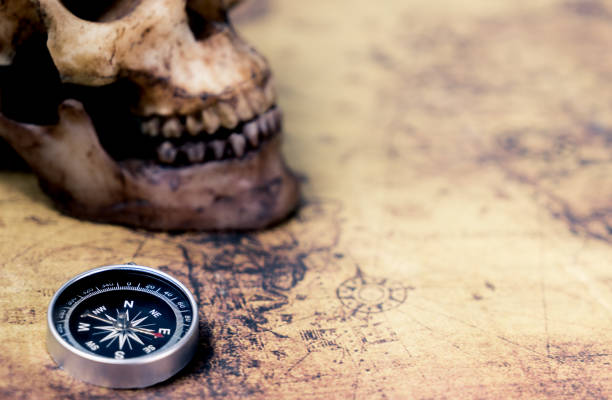 istock Compass and Dead Skull on vintage map for treasure hunter concept with copy space 654722170