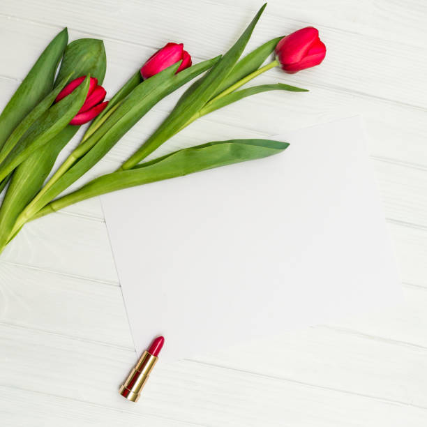 tulipanes rojos en un tablero de madera blanco - 11906 fotografías e imágenes de stock