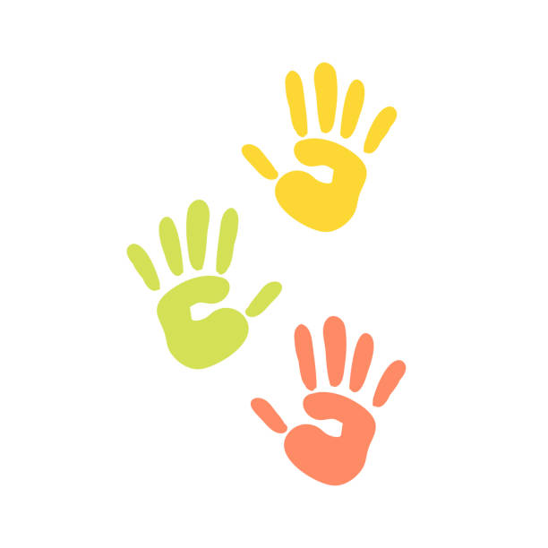 абстрактные фоновые отпечатки рук ребенка вектор иллюстрации картины искусства палец чернила цвет ладони след красочный символ большого � - kids stock illustrations