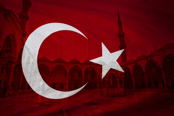 istock Turkish flag with view of Blue mosque courtyard in background 654733214