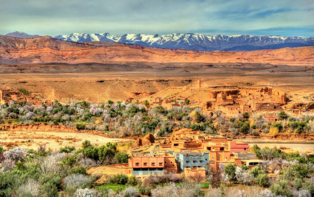 montagnes du haut atlas enneigé au-dessus de la ville de kalaat m'gouna au maroc - moroccan culture atlas mountains marrakech morocco photos et images de collection