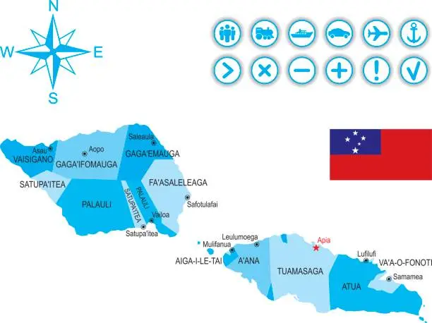 Vector illustration of Map of Samoa with flag, icons and key