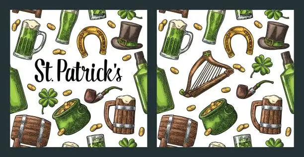 Vector illustration of Saint Patrick Day. hat, Pot coins, pipe, beer, lyre, horseshoe