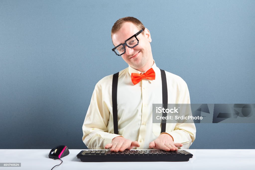 Nerd Using Keybords Happy Nerd Guy Typing On Computer Keyboard Stock Photo - Download Image ...
