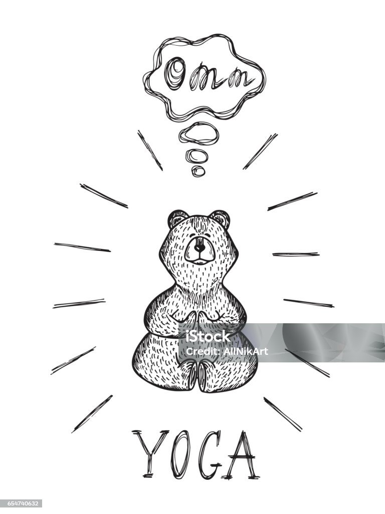 Yoga postura del loto. Animal salvaje. Mano dibujada doodle que Bear medita - ilustración vectorial - arte vectorial de Yoga libre de derechos