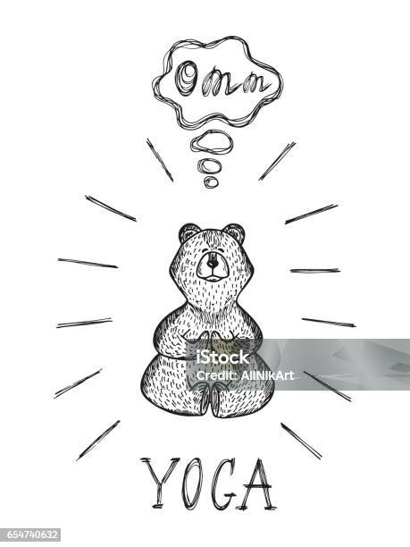Позиция Йога Лотос Дикое Животное Ручная Нарисованная Каракули Медведь Медитирует Векторная Иллюстрация — стоковая векторная графика и другие изображения на тему Йога