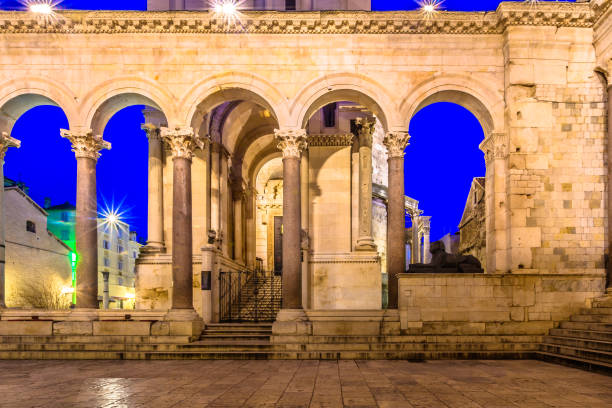 istock Illuminated night view at city center of Split, Croatia. 654743178