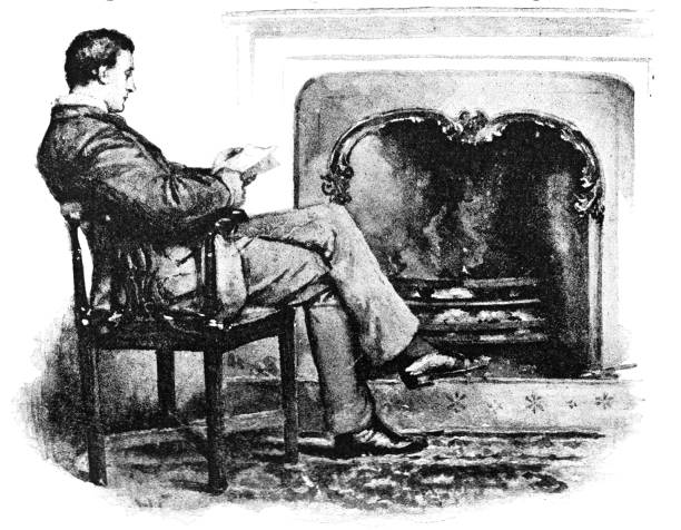 istock Victorian illustration man sat in armchair reading letter before a fireplace 654743188