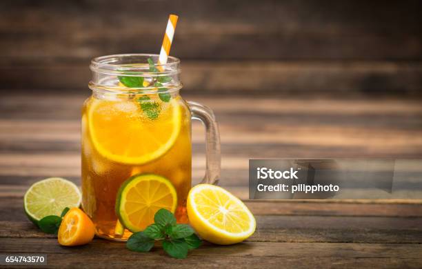 Ice Tea With Lemon Lime And Mint Stock Photo - Download Image Now - Ice Tea, Tea - Hot Drink, Lemon - Fruit