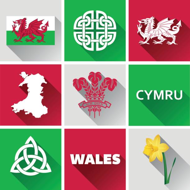 illustrazioni stock, clip art, cartoni animati e icone di tendenza di set di icone piatte gallesi - welsh flag immagine