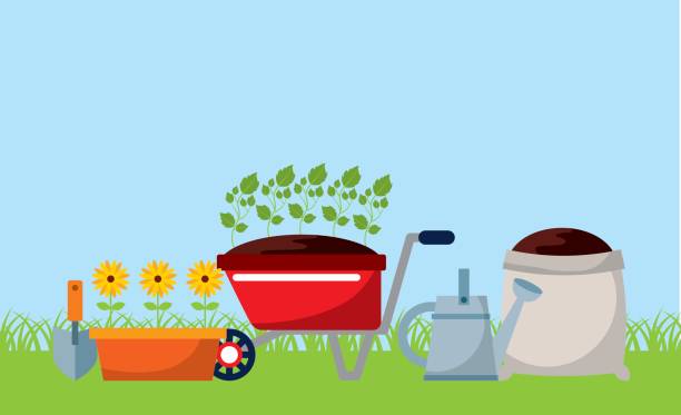 ilustraciones, imágenes clip art, dibujos animados e iconos de stock de diseño de equipos de jardinería - cañón de agua