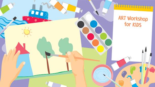 kunst-workshops für kinder - palette tempera painting colors paint stock-grafiken, -clipart, -cartoons und -symbole