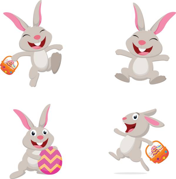 niedlichen kaninchen mit osterei - osterhase stock-grafiken, -clipart, -cartoons und -symbole