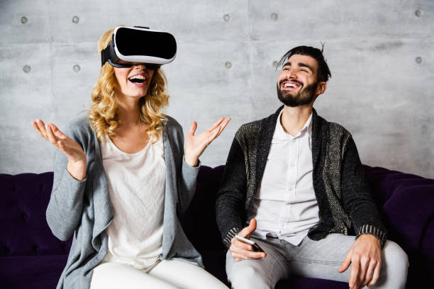 istock Beautiful female in virtual reality 654760192