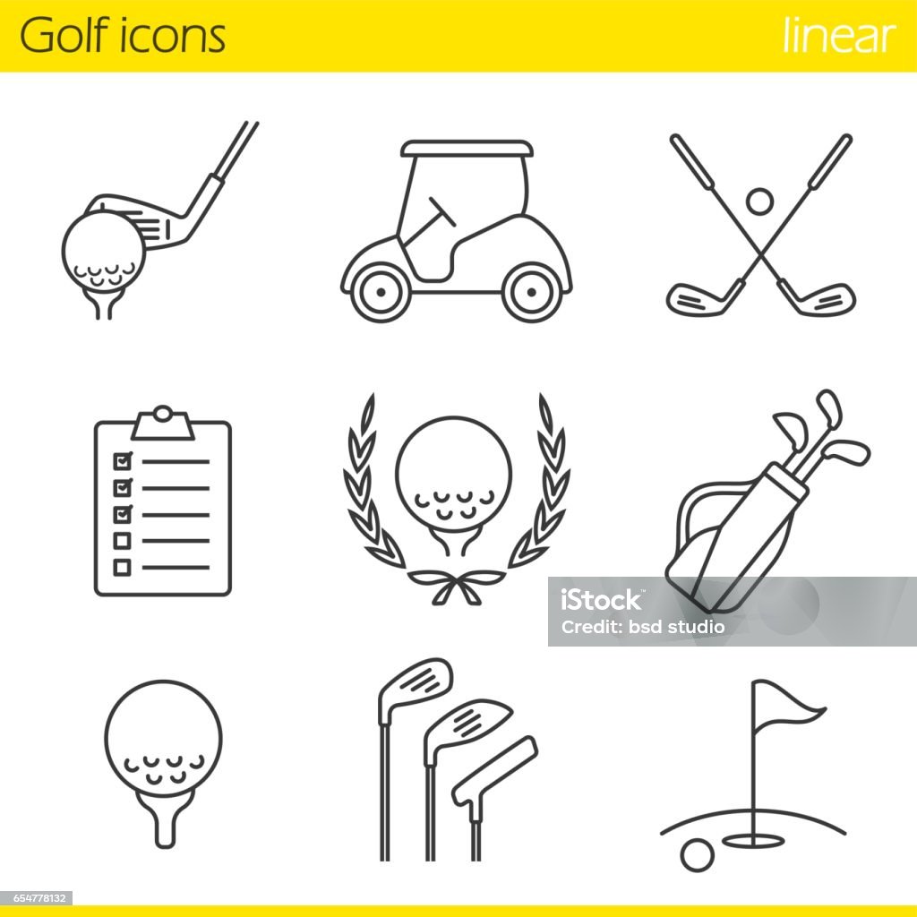 Golf equipment icons Golf equipment linear vector icons. Thin line. Ball on tee, golf cart, clubs, golfer's checklist, championship symbol, bag, course, flagstick in hole Icon Symbol stock vector