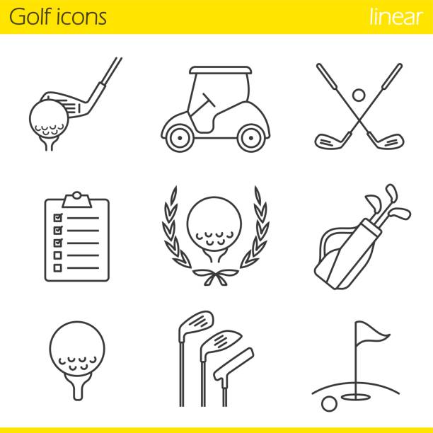 Golf equipment icons Golf equipment linear vector icons. Thin line. Ball on tee, golf cart, clubs, golfer's checklist, championship symbol, bag, course, flagstick in hole golf icons stock illustrations