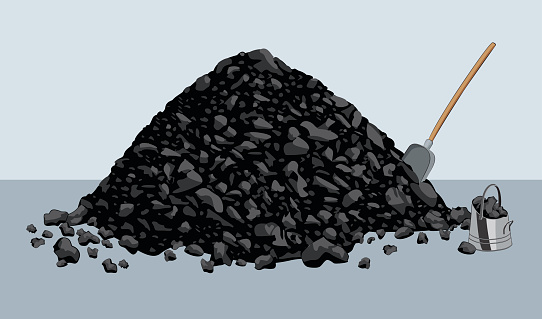 Pile of coal with shovel and bucket. Vector illustration