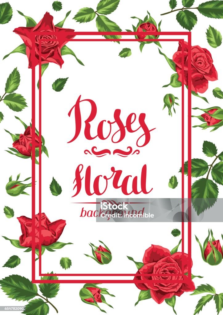 Ilustración de Tarjeta De Invitación Con Rosas Rojas Hojas Brotes Y Flores Realista y más Vectores Libres de Derechos de Aire libre - iStock Ilustración de Tarjeta De Invitación Con Rosas Rojas Hojas Brotes Y Flores Realista y más Vectores Libres de Derechos de Aire libre - iStock