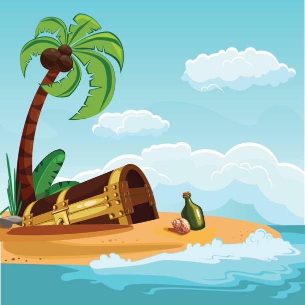 сундук с сокровищами похоронен на пляже - beach cartoon island sea stock illustrations